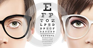 Eyes and eyeglasses close up on visual test chart, eyesight and