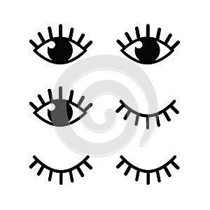 Eyes and eyelashs icons. Open ad closed human eye icon set, cute graphic silhouettes vector eyes