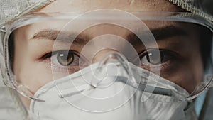 Eyes of female healthcare professional doctor in a hospital operating theatre wearing a surgical cap and mask