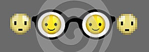 Eyes glass concept, myopia concept, look at positive idea, sharp and blur focus, smiley faces in glass and blur outside, photo