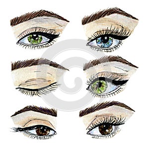 Eyes hand drawn watercolor clip art set