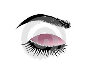 Eyes lashes long extensions close-up, beautiful pink make up