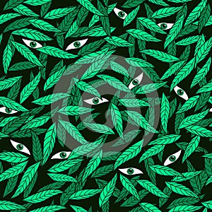 Eyes among the leaves seamless pattern.