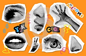 Eyes and lips and ear in halftone treatment. Collage design elements in trendy dotted pop art style. Retro Vector