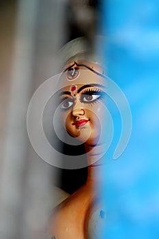 Eyes of Maa Durga. Idol of Hindu Goddess Durga during preparations in Kolkata.