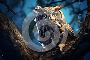 Eyes of the Night Sky: Captivating Moments as an Owl Watches Intently by Full Moon