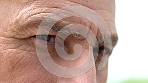 Eyes of old man close up, male looking at camera with pain, life difficulties