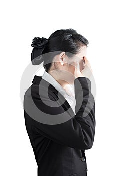 Eyes pain and eyes strain in a woman isolated on white background. Clipping path on white background.