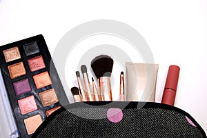 Eyes Shadow in Make up Cosmetics bag and set of professional decorative, makeup tools and accessory on white background. beauty,