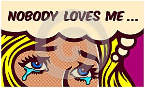 Eyes shedding tears of sad broken hearted girl crying pop art style comics panel vector illustration