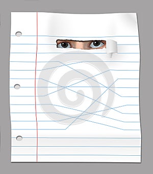 Eyes of a student peer through a hole in a sheet of school notebook paper