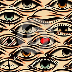 Eyes. Tattoo style. Beige Background. Seamless Pattern.