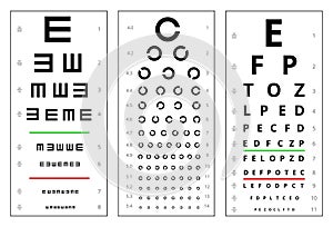 Eyes test chart, medical optical eye exam. Vision health examination board for patient. Ophthalmology or optometry check