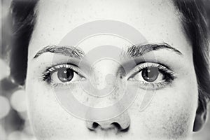 Eyes woman freckle happy young beautiful studio portrait with healthy skin