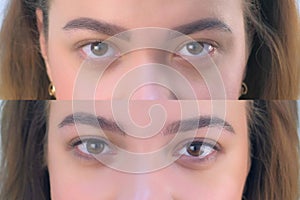 Eyes of young girl before and after beauty procedure of permanent eyeliner.