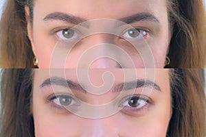 Eyes of young girl before and after beauty procedure of permanent eyeliner. photo