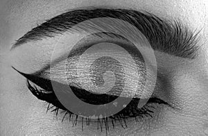 Eyeshadow applying, makeup for eyes closeup. Female model eye with fashion make up, beauty concept. Macro close eye