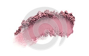 Eyeshadow, blush swatch. Face makeup powder texture. Pink eye shadow stroke isolated on white background