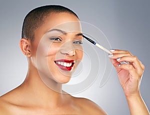 Eyeshadow, brush and portrait of woman with red lips in studio for lipstick and makeup routine. Cosmetics, beauty and