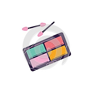 Eyeshadow with different colors in palette. Closed eye shadow package with applicators. decorative cosmetics for make up
