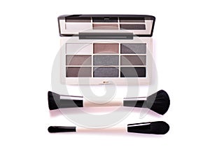 Eyeshadow palette with mirror isolated on white background. Palette of cosmetic eye shadow, pearlescent shades with make