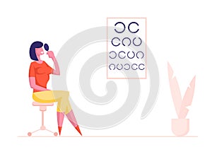 Eyesight Check Up Procedure in Clinic. Woman Character Look at Test Chart for Vision Checkup. Patient in Oculist Office