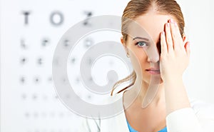 Eyesight check. woman at doctor ophthalmologist optician