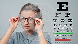 Eyesight check. Woman in glasses on the background of eye test chart