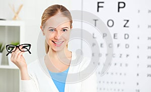 Eyesight check. woman with glasses at doctor ophthalmologist opt