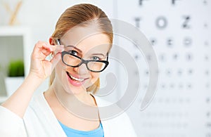 Eyesight check. woman in glasses at doctor ophthalmologist optic