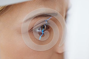 Eyesight Exam. Woman Checking Eye Vision On Optometry Equipment