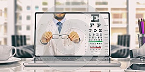 Eyesight test on a laptop on an office desk. 3d illustration