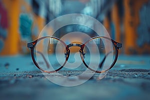 Eyewear accessory, round glasses in orange font resting on ground