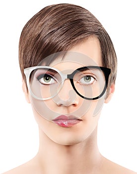 Eyewear glasses half man half woman portrait, wear spectacles