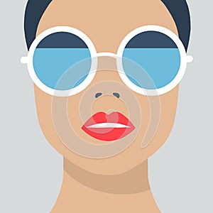 Eyewear glasses woman closeup portrait. Flat cartoon girl character, design background