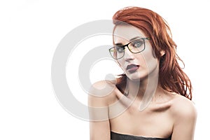 Eyewear glasses woman portrait isolated on white.
