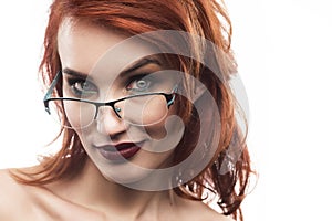 Eyewear glasses woman portrait isolated on white.