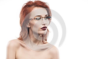 Eyewear glasses woman portrait isolated on white