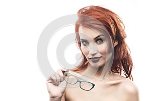 Eyewear glasses woman portrait isolated on white.