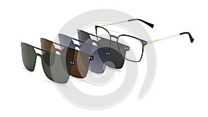 Eyewear polarized clip on sunglasses with colored magnetic lenses isolated on white background