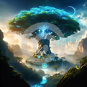 Eyva tree goddess Pandora planet illuminated by blue light. close up. Ai generated