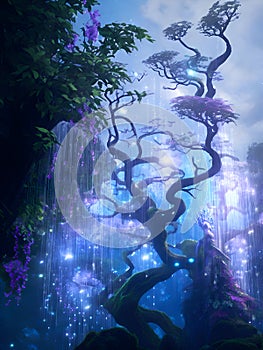 Eyva tree goddess Pandora planet illuminated by blue light. close up. Ai generated