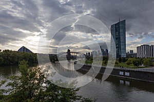 EZB Frankfurt EuropÃ¤ische Zentralbank European Central Bank cloudy blue sky green park in front