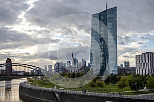 EZB Frankfurt EuropÃ¤ische Zentralbank European Central Bank cloudy blue sky green park in front