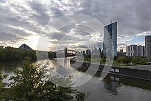 EZB Frankfurt EuropÃ¤ische Zentralbank European Central Bank cloudy blue sky green park in front