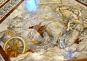 Ezekiel Chariot Marble Mosaic Floor Nave Cathedral Church Siena Italy.