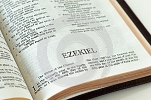 Ezekiel open Holy Bible Book. A close-up