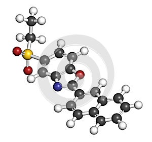 Ezutromid Duchene muscular dystrophy drug molecule. Activator of utrophin. 3D rendering. Atoms are represented as spheres with