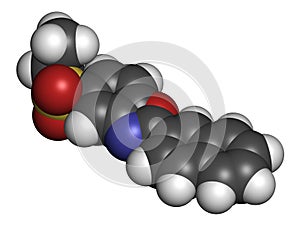 Ezutromid Duchene muscular dystrophy drug molecule. Activator of utrophin. 3D rendering. Atoms are represented as spheres with photo