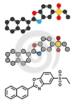 Ezutromid Duchene muscular dystrophy drug molecule. Stylized 2D renderings and conventional skeletal formula. Activator of photo